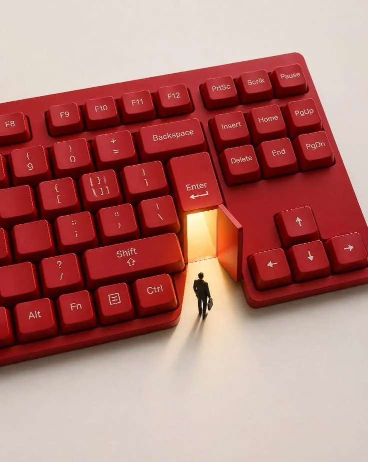 A small figure walks through a glowing doorway formed by the Enter key of an oversized red keyboard — the moment a career move goes through.