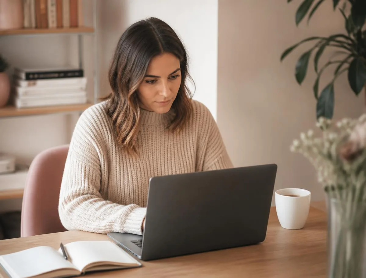 A professional reviewing her CV at her desk before submitting her profile.