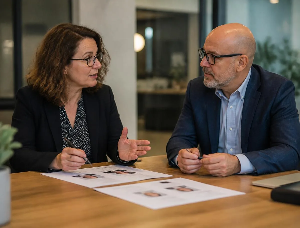 A hiring manager and a director discussing a candidate shortlist across a meeting table.